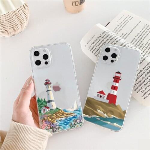 Hand Painted Lighthouse Print Bird Seagull Clear Phone Case for iphone X XS MAX XR 11 12 Pro Max 7 8 Plus SE 2020 Soft Cover
