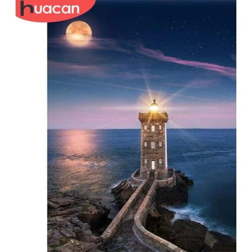 HUACAN 5D DIY Diamond Painting Lighthouse Full Square Art Rhinestone Diamond Embroidery Landscape Mosiac Night Decor For Home