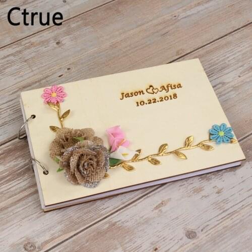 21.5cmX15cm Personalized Wedding Guest Book guestbook with flower DIY Custom engraved Wedding Photo Wooden A5 Paper Album