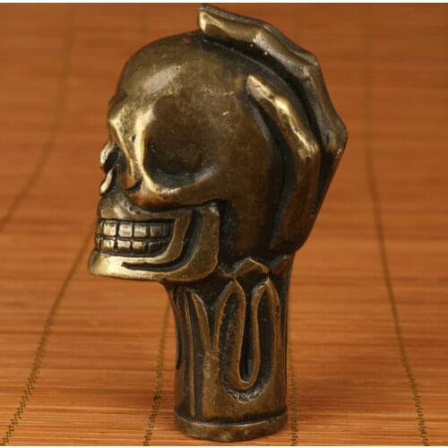 Chinese Old Bronze Handmade Carved Skull Statue Cane Walking Stick Head