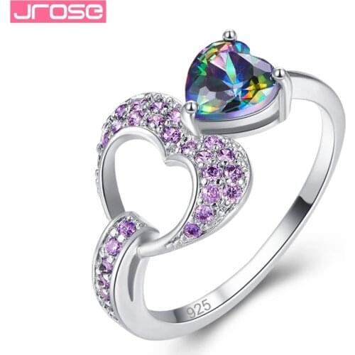 JROSE Classic Fashion Heart Jewelry Lover Rainbow Fire Mystic & Purple Cubiz Zirconia Silver Ring Size 6 7 8 9 Engagement Ring