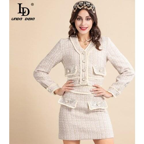 LD LINDA DELLA 2021 Autumn Winter Runway Elegant Solid Tweed Skirt Suit Womens Long Sleeve Coat＋Short Skirt Fashion 2 Piece Set