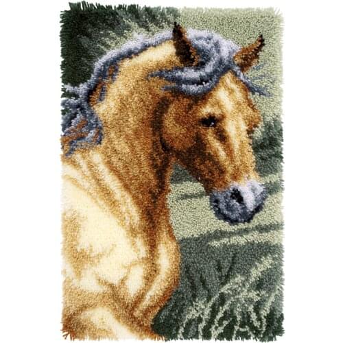 Tapestry Kits Latch Hook Rug Kits with Printed Horse Canvas Carpet Embroidery Latch Hook Rug Needlework Button Package DIY Rugs