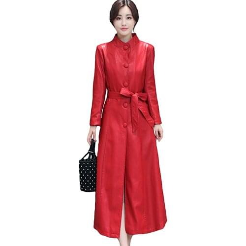 Spring autumn new leather windbreaker womens mid-length over-the-knee leather coat Korean plus size Slim Fit Womens overcoat