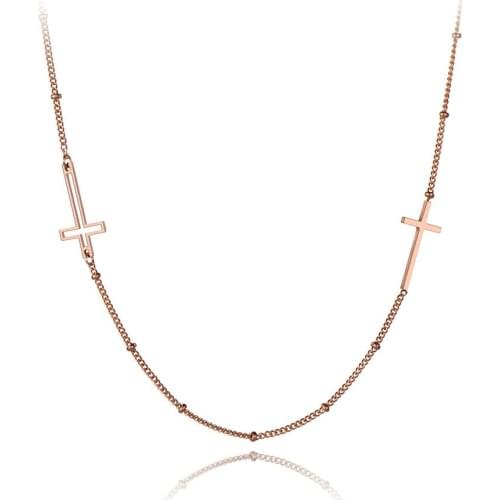 Religious Titanium Stainless Steel Double Cross Choker Necklaces For Women Rose Gold Chain Link Pendant Necklace N19173