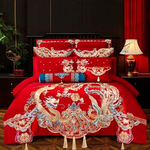 Luxury Chinese Wedding 4/6/9Pcs Bedding Set Satin Egyptian Cotton Gold Long Phoenix Embroidery Duvet Cover Bed Sheet Pillowcases