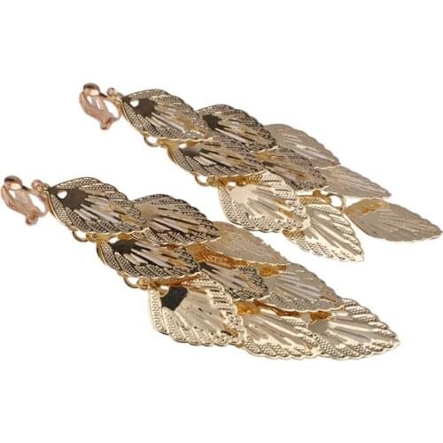 Grace Jun Fashion Luxury Big Leaf Clip on Earrings No Piercd for women Parity Wedding Statement Earrings