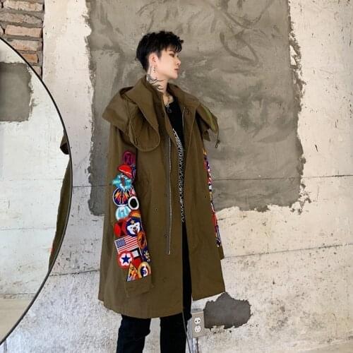 Designer Brand New High Quality Embroidery Mens Stand Collar Hooded Trench Coats Casual Oversize Loose Male Medium Length Coats