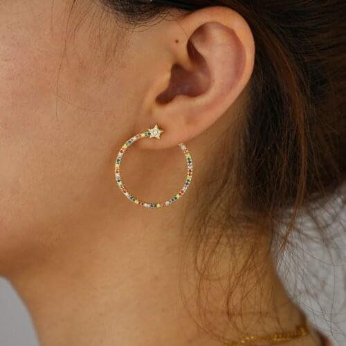 Gorgeous luxury european women jewelry micro pave white colorful cz star round Circle geometric hoop earring