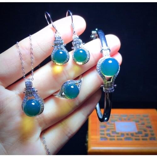 Bijoux femme jewelry sets Mexican gold blue amber four-piece earrings rings bracelets pendants Really natural sterling silver