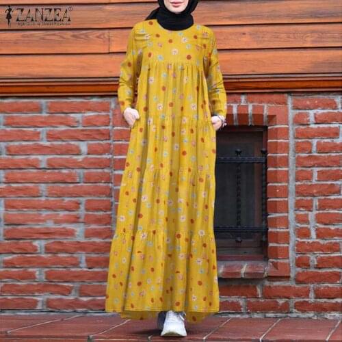 ZANZEA Women Floral Print Dress 2021 Spring Maxi Vestidos Casual Long Sleeve Loose Sundress Ladies Kaftan Islamic Robe Oversize