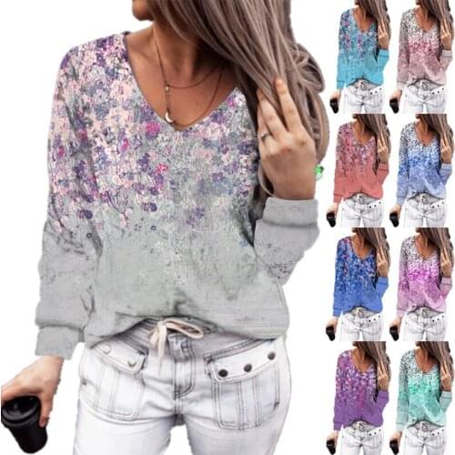 Womens Clothing Autumn and Winter New Fashion Womens V-neck Flower Print Long-sleeved Casual Loose T-shirt