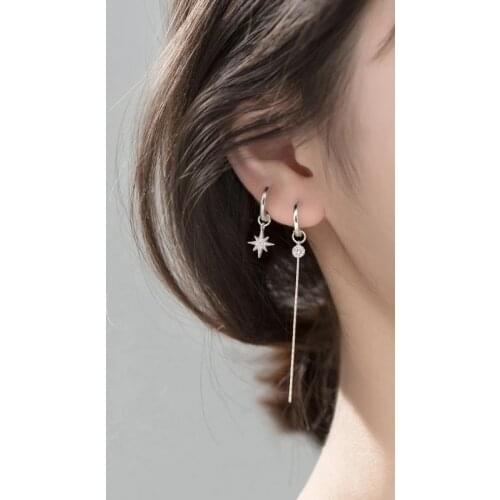 2021 New 925 Sterling Silver Asymmetric Star Tassel Charm Hoop Earring For Women Party Wedding Jewelry eh1008