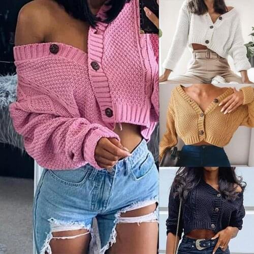Women Knitted Cardigan Coat Jacket New Women Casual Autumn Twist Knitted Short Jacket Loose Cropped Sweater Buttons Cardigan