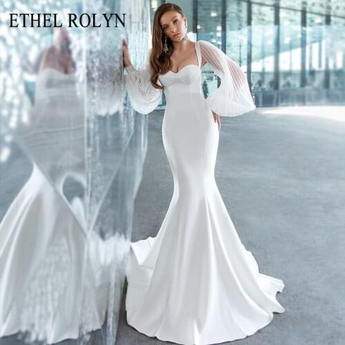 ETHEL ROLYN Mermaid Wedding Dress 2021 Glamorous Satin Spaghetti Straps Bride Dresses Detachable Puff Sleeve Vintage Bridal Gown