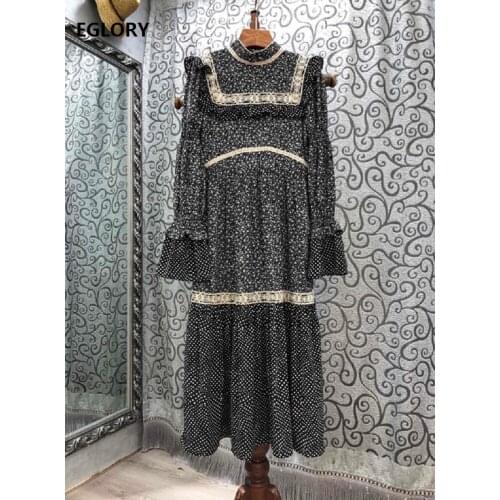 Vintage Long Dress 2020 Autumn Style Women Elegant Little Floral Print Hollow Out Embroidery Flare Sleeve Long Party Maxi Dress