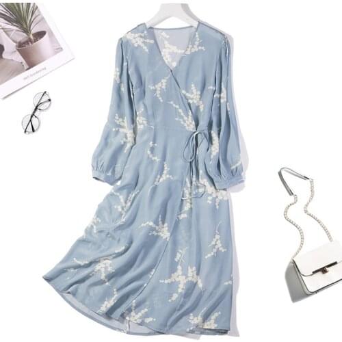 Womens 100% Pure Silk V neck Puff sleeve Two Layers Blue Floral Printed Long Dress JN024