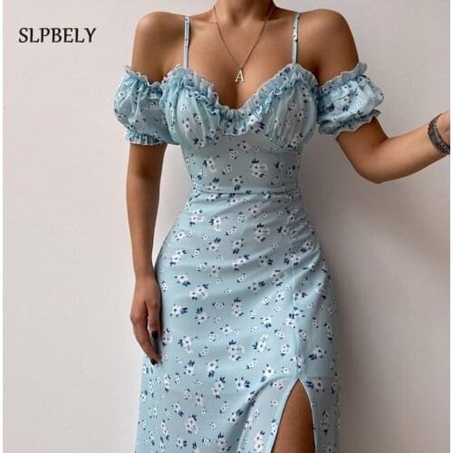 SLPBELY Floral Sling Midi Party Dress For Women Summer Sexy Spaghetti Strap Split Puff Sleeve Club Dress Vacation Dress Vestido
