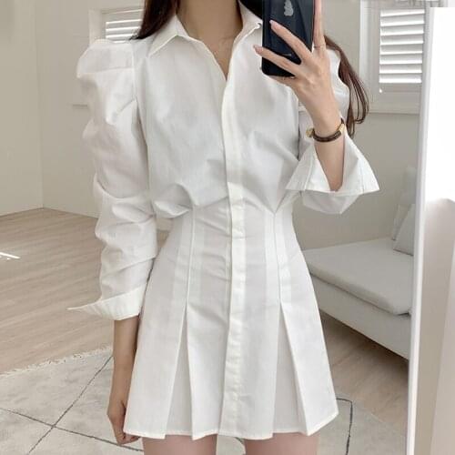 2021 Women White Shirt Dress Vintage Long Sleeves Turn Up Collar Mini Dress Fashion Elastic Back Button Waist Pleated Dresses