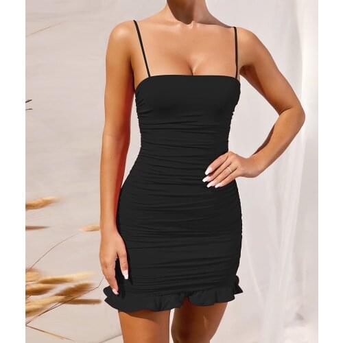Womens 2021 Summer Solid Color Sleeveless Sexy Sling Pleated Hip Ruffled Nightclub Sexy Dress Going Out Temperament Commute