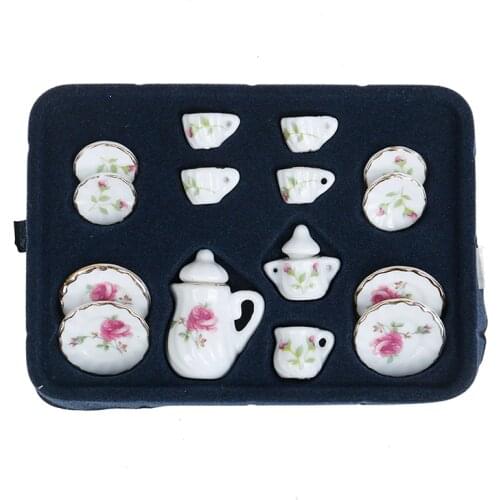 15PCS 1/12 Miniature Flower Patten Porcelain Coffee Tea Cups Ceramic Tableware Dollhouse Kitchen Accessories