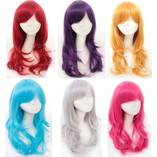 70cm High Quality Anime Long Wavy Cosplay Wig With Bangs Heat Resistant Synthetic Hair Black Pink Silver Blue Green Woman Wigs