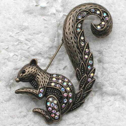 Antique Bronze Clear AB Rhinestone Squirrel Pin brooches C955 F4