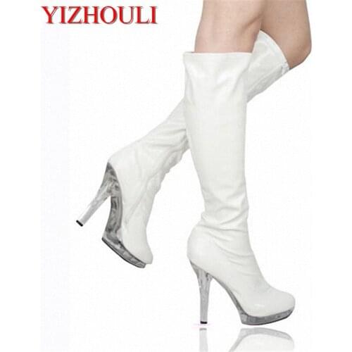 13cm foreign trade large ladys boots, white dazzling T stage show runway photos of sexy nightclub stage Dance Shoes