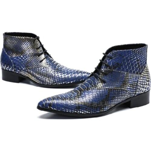 Blue Snake skin Print Genuine Leather Men Ankle Boots Fashion Winter Male Footwear High Top Chelsea Pointed Toe Motorcycle Boot