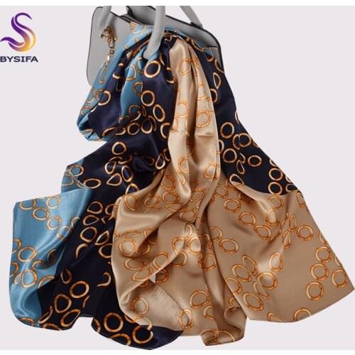 BYSIFA|Women Blue Khaki Black Silk Scarf New Brand Luxury 100% Silk Long Scarves Hijabs Autumn Winter Chain Pattern Scarf Shawl