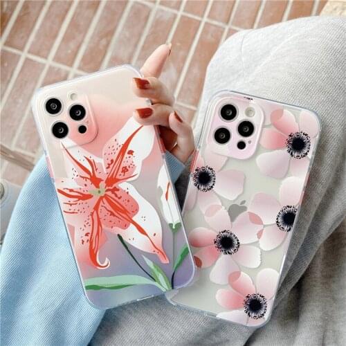 Korea Style Cute Floral Phone Case For iPhone 11 12 Pro MAX XR XS X SE2020 8 7Plus Vintage Pink Flower Soft Silicone Cover Shell
