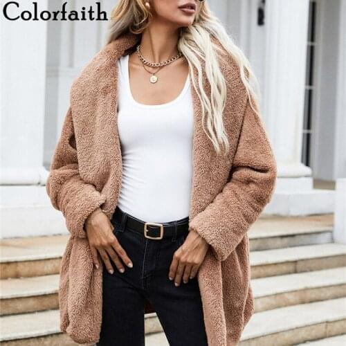 Colorfaith New 2021 Autumn Winter Womens Jackets Wild Fashionable Pockets Retro Vintage Warm High Street Faux Fur Tops JK8829AB