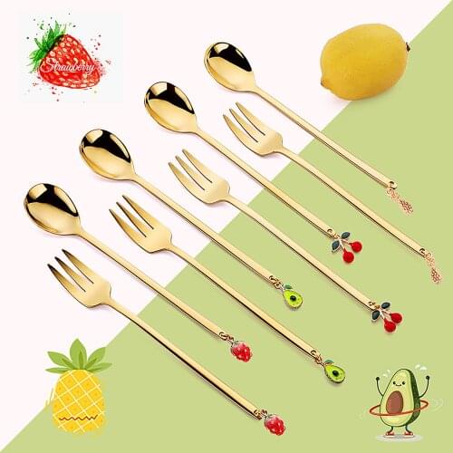 4pcs/set Cake Dessert Spoon Small Fork Fruit Ornaments Dinnerware Flatware Long Handle With Gift Box Coffee Ice Cream Spoons