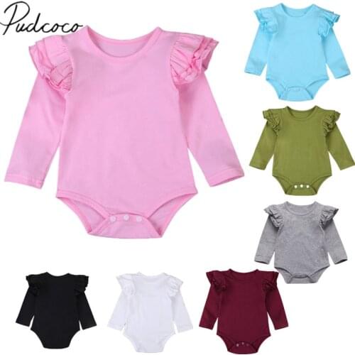 2018 Brand New Infant Toddler Newborn Baby Girl Boy Cotton Bodysuit Ruffled Long Sleeve Outfits Solid Jumpsuit Sunsuit Wholesale