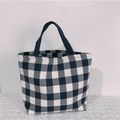 Korean Plaid Small Bag Women Cotton Fabric Tote Bag Thicked Zipper Mini Hand Bags Reusable Grocery Shopping Lunch Handbag New