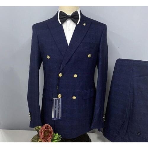 Custom made classic blue Plaid double breasted wedding suits for men slim fit Gold button lapel 2 piece best man fashion Blazer