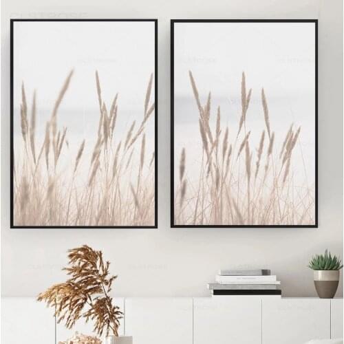Minimalist Beige Art Poster Dried Pampas Grass Beach Coastal Canvas Painting Wall Art Pictures for Modern Home Decoration