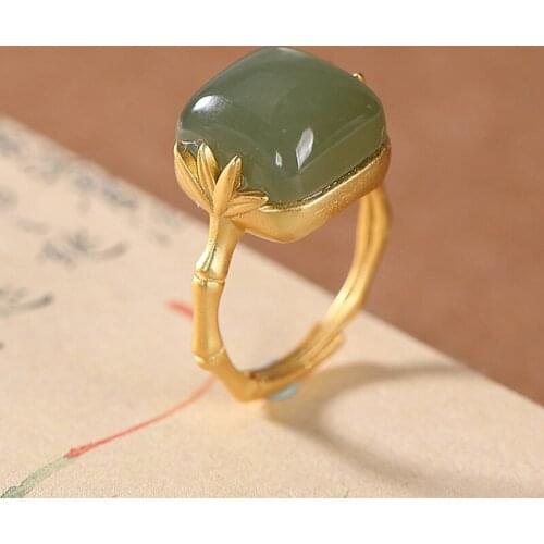 Trendy Jade Rings Vintage Gold Color Green Slub Simple Ethnic Ring for Women Mothers Gift Open Ring Jewelry Dropshipping