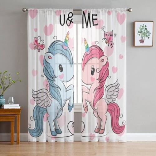 Animal Cartoon Unicorn Sheer Curtains for Living Room Bedroom Tulle Curtains Kitchen Window Treatments Panel Drapes