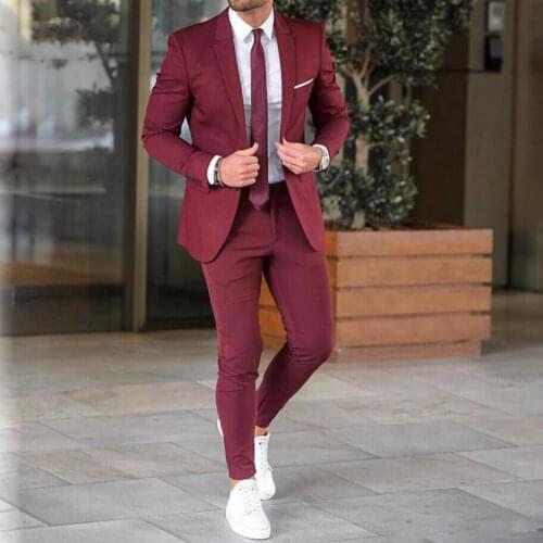 2 Pieces Burgundy Mens Groom Tuxedos Wedding Suits for Men British Style Custom Made Costume Hommes Blazer (Jacket+Pants