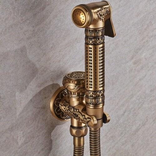 Wall Mounted Brass Bidet Faucet Toilet Sprayer Tap Antique Bathroom Mop Cleaning Faucet ,Hose+Holder+Sprayer