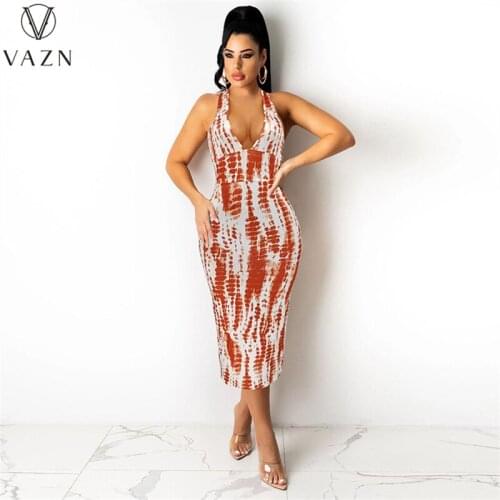 VAZN 2021 New Sleeveless V-neck Print Formal Elegant Maxi Dresses Sexy Club Birthday Dress Women Elegant Fashion Female Dress