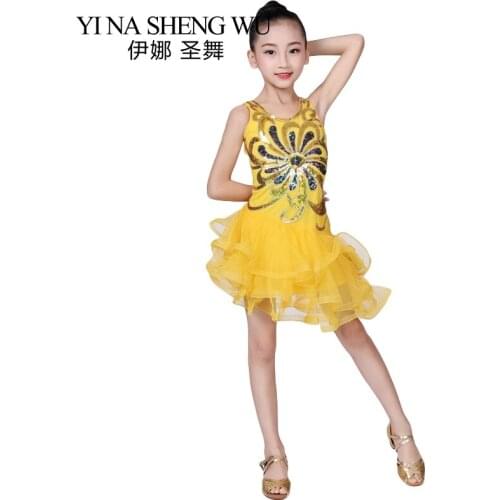 New Children Latin Dance Skirt Sequins Mesh Latin Dance Stage Performance Clothing Girls Latin Tango Salsa Competition Dress Red