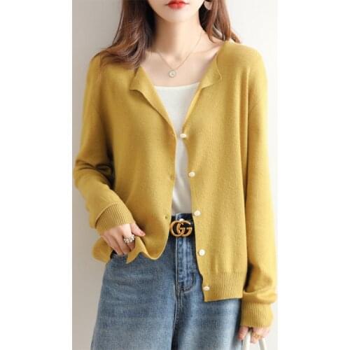 2021 Spring Autumn New Fine Imitation Superfine Wool Knitted Cardigan Womens Thin Loose Lazy Sweater Pure Color All-Match Top