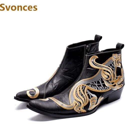 New Genuine Leather Mens Boots Luxury Gold Embroider Designer Breathable Zipper Men Shoes Brand Zapatillas Hombre Shoes Man