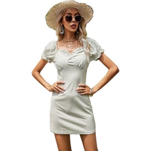 New Design Good Quality Factory Price Fashion Hot Selling Womens Short Sleeve V-Neck Plaid Slim Dress