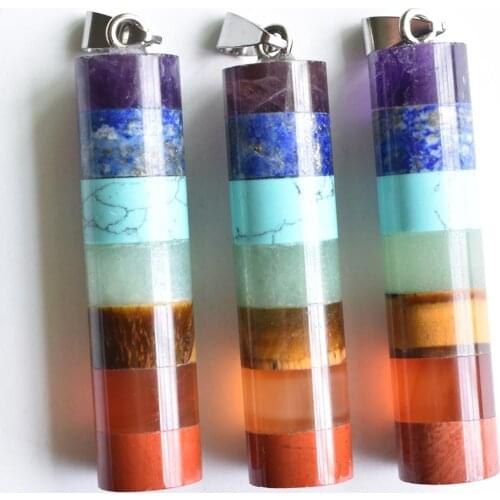 Wholesale 3pcs/lot new trendy fashion natural Rainbow 7 Layered Dowsing Healing Chakra Cylinder pendants for jewelry making