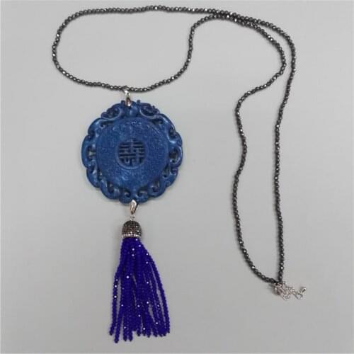 Charms Classic Traditional Chinese Ancient Vintage Pattern Blue Stone Royal Blue Beaded Tassel Hematite Chain Pendant Necklace