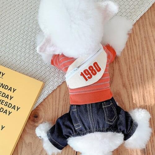 Stripe Bag Pocket Denim Dog Down Overalls Winter Four Legs Stripe Pet Jumpsuit For Puppies Animals Chihuahua Toy Terrier Poodle