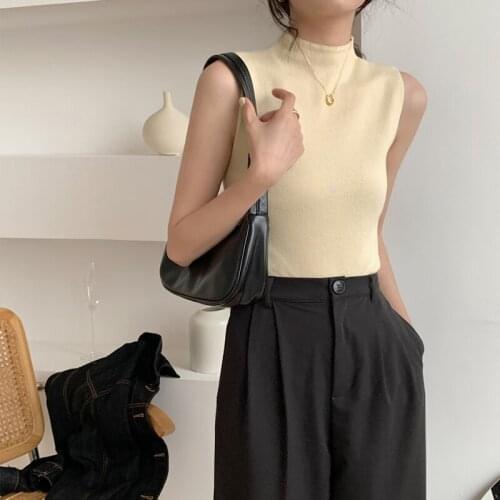 Casual Streetwear Women Sleeveless Tops Solid Knit Tanks Half High Collar Slim Knit Tops